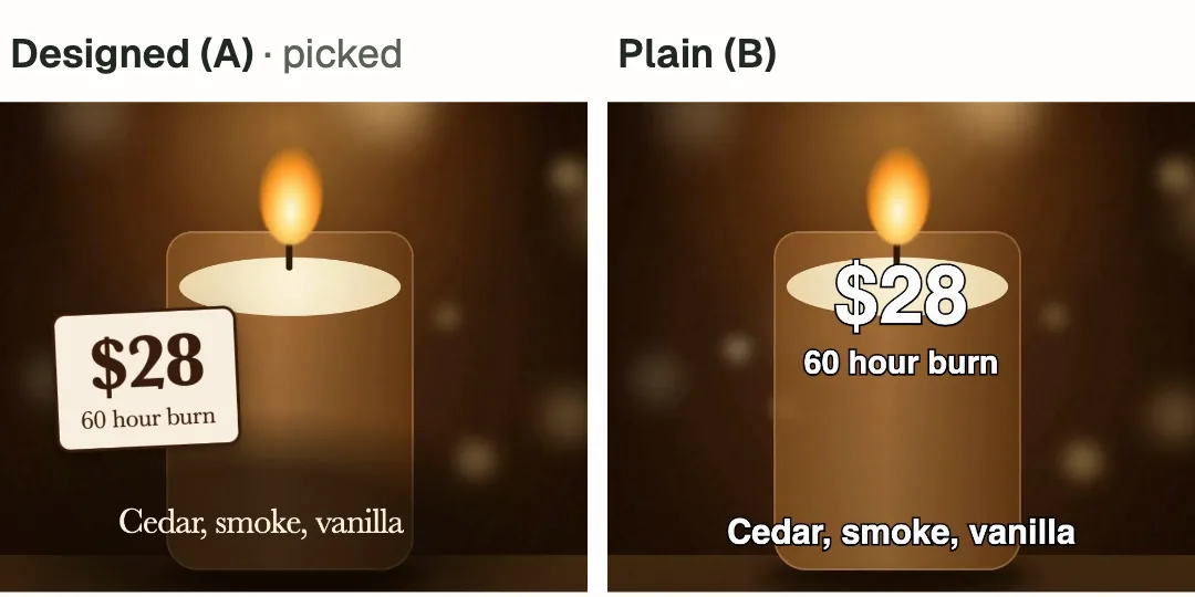Two stills of the same invented candle ad at the same moment. On the left, the designed version: a cream price card reading $28 and 60 hour burn, tilted against the candle, with the caption Cedar, smoke, vanilla in a serif. On the right, the plain version: the same words in white bold type with a black outline, centred over the candle.