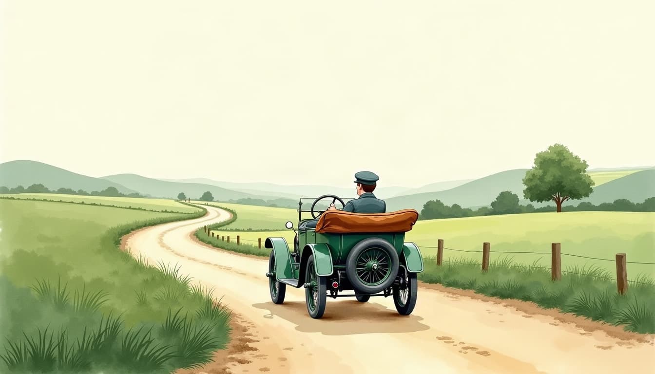 Watercolour illustration of an early open-topped motor car on a quiet country lane, one person at the wheel, the road curving ahead into green fields under an empty sky