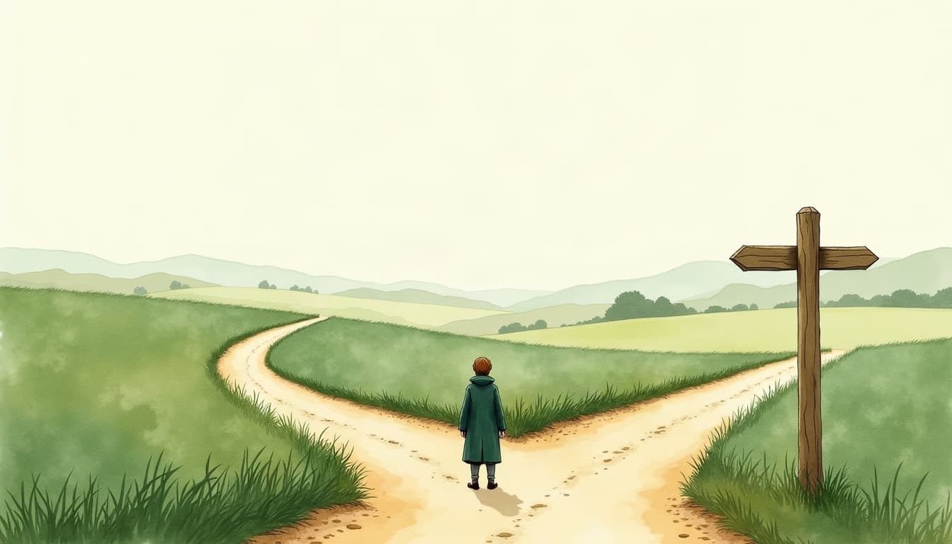 Watercolour illustration of a country lane splitting at a wooden signpost, a small figure standing at the fork, both lanes curving away into fields