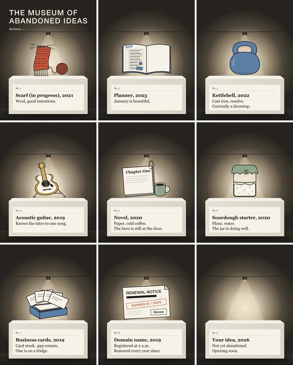 Nine slides in three rows, each a spotlit plinth against a dark wall with a cream museum label. The first slide carries the title, The Museum of Abandoned Ideas. In order: a half-knitted scarf and wool, an open planner, a kettlebell and an acoustic guitar. Next: a manuscript headed Chapter One beside a mug, a sourdough jar, business cards and a renewal notice. The final slide shows an empty plinth under a lit spotlight.