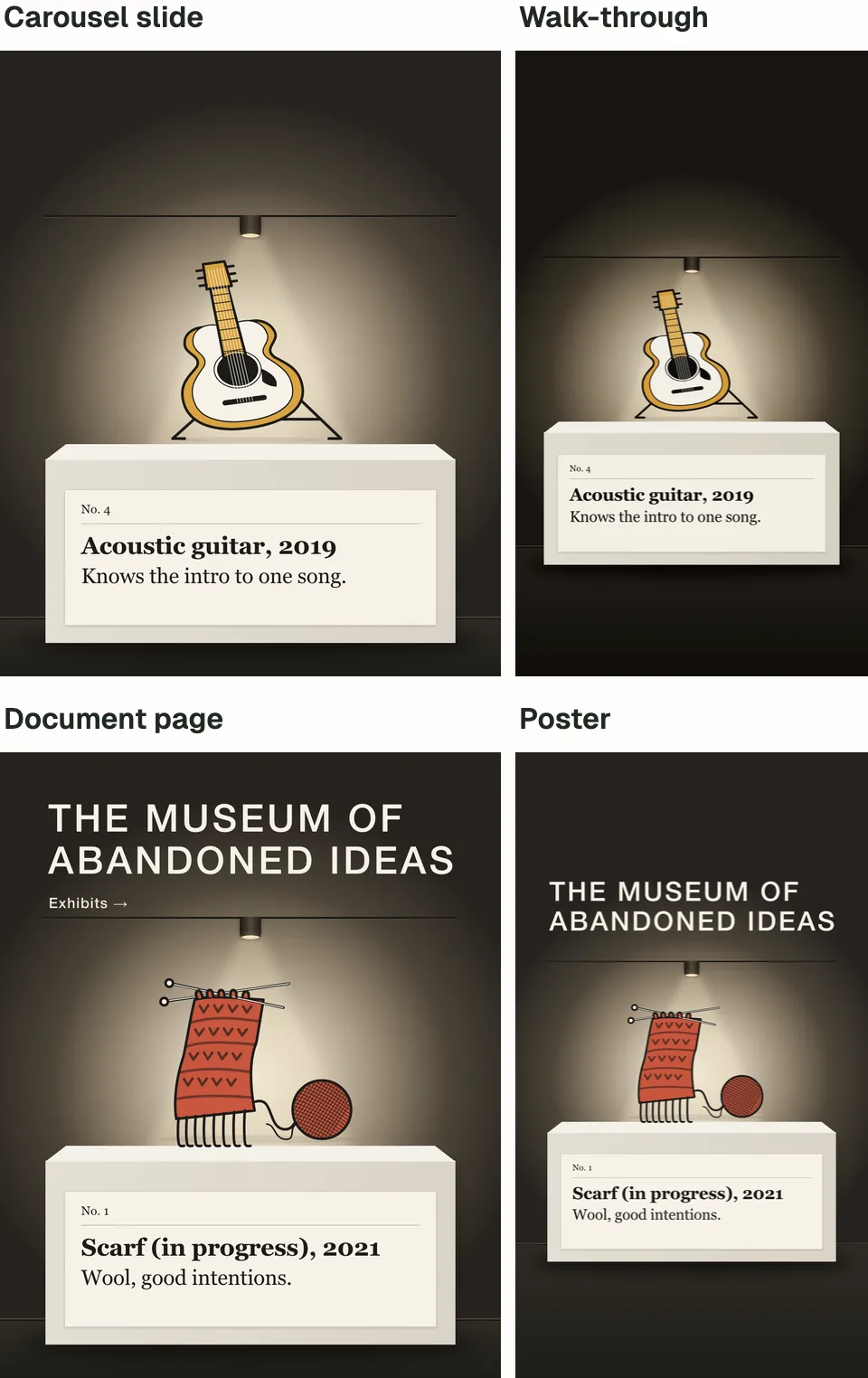 Four views of the same gallery, each labelled. Top row: a carousel slide and a picture from the tall walk-through, both showing the acoustic guitar on its plinth with the same label. Bottom row: a page of the document and the poster, both showing the half-knitted scarf under the title The Museum of Abandoned Ideas.