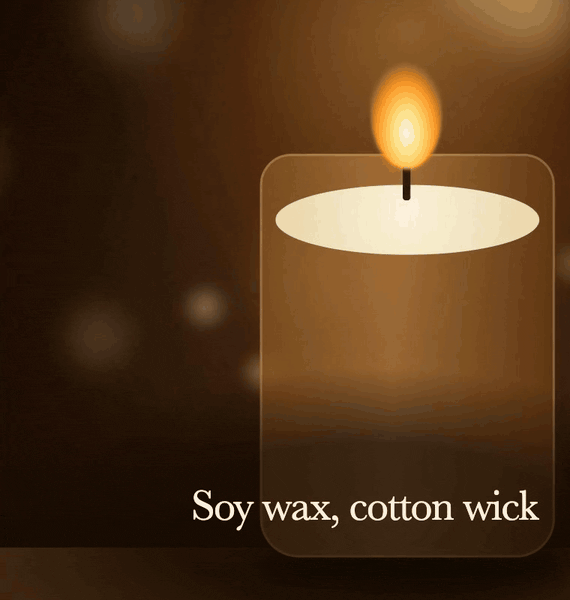 A candle in a glass on a dark brown background, captioned Soy wax, cotton wick. A blurred price card crashes in reading $10 and counts up through $12, $14 and on to $27, all within just over half a second, then rests on $28 with the note 60 hour burn.