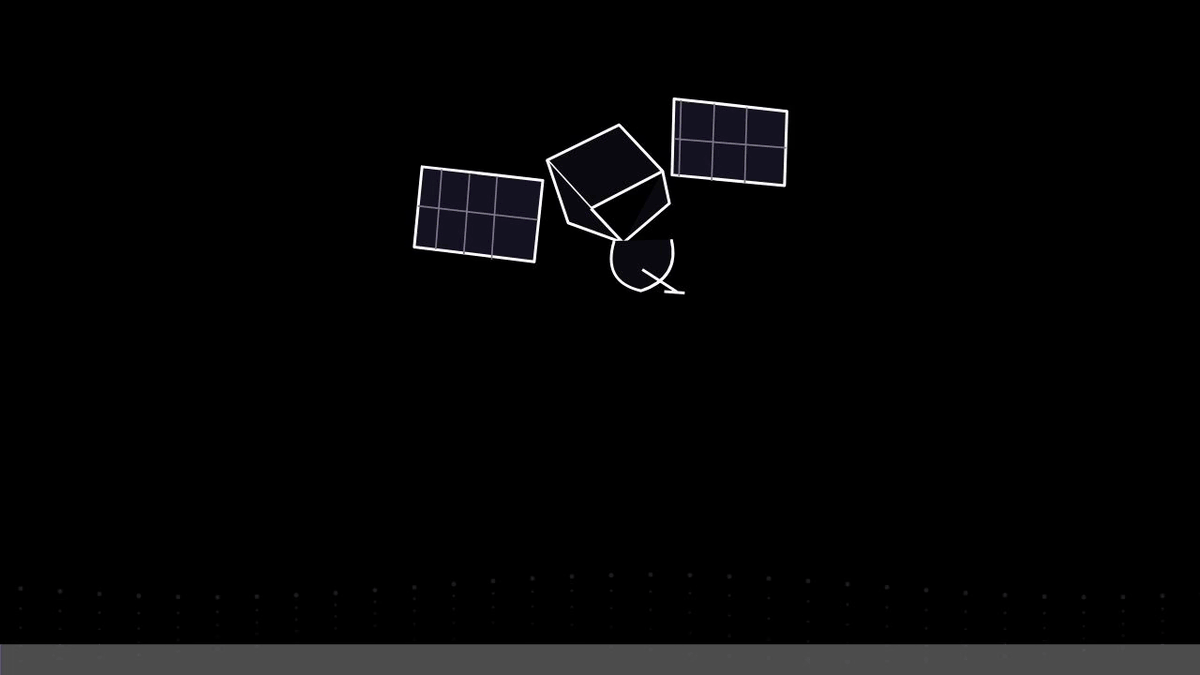 A white line drawing of a satellite on a black screen. Within half a second the words NOT SPACE. appear in large white type beneath it, with the caption Your photo almost certainly never went to space., and the frame holds.