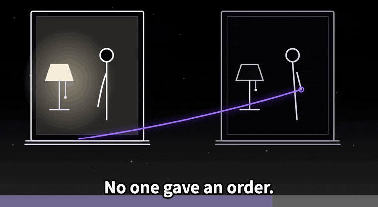 Two windows at night drawn in white line, joined by a purple thread. The left window glows with its lamp on; the right one is dark, and the caption reads No one gave an order. Then the figure on the right switches on its lamp, its window glows, and the caption reads But the neighbour's lamp came on.